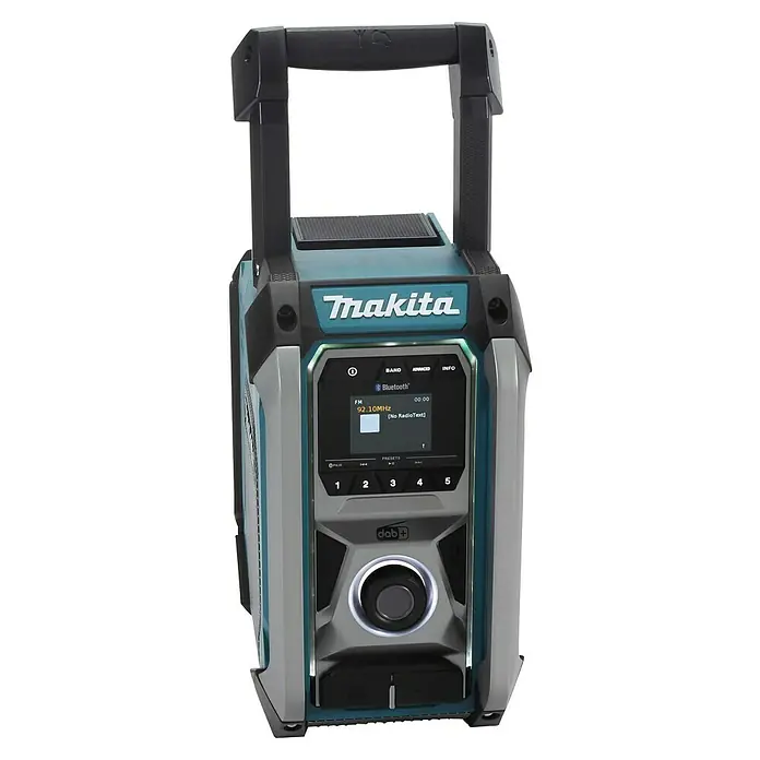 Makita Radio de batería para la obra MR007G - 40 V, Sin batería, 87,5 - 108 MHz (VHF/FM) - Imagen de una radio de obra Makita con pantalla digital, conectividad Bluetooth y diseño robusto para su uso en la construcción.