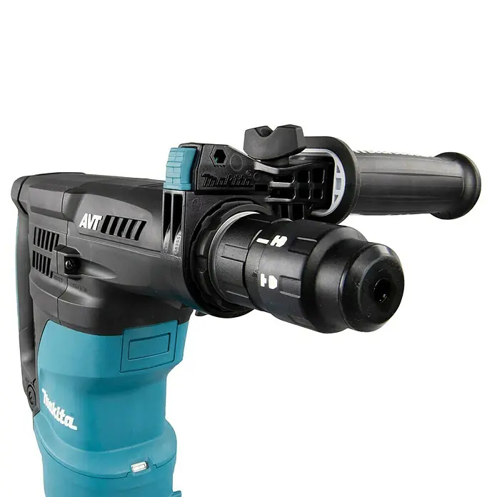 Makita Kombihammer HR3012FCJ - 1.050 W, 3,9 J, SDS-Plus-Aufnahme - Nahaufnahme eines Makita Abbruchhammers mit Anti-Vibrations-Technologie (AVT) und zusätzlichem Handgriff für verbesserte Kontrolle.