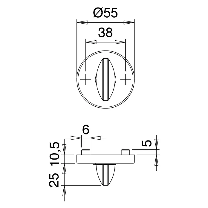 Portaferm Schlüsselschild WC - Durchmesser Rosette: 55 mm, Schlitzkopf/Olive, Weiß - Technische Zeichnung eines Türknaufs mit Maßangaben für Durchmesser, Höhe und Befestigungspunkte.