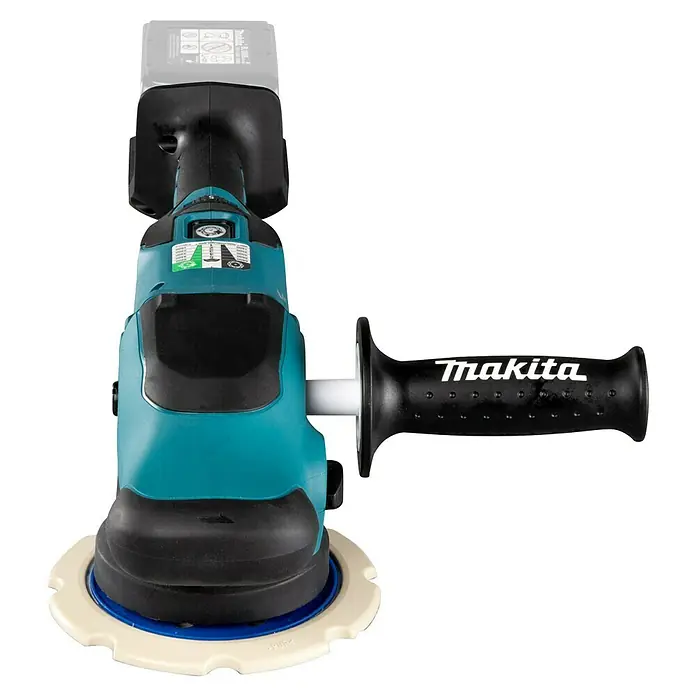 Makita LXT 18V Akku-Exzenterpolierer DPO600Z - 18 V, Ohne Akku, Durchmesser Polierteller: 150 mm - Eine Nahaufnahme eines Makita-Polierers mit Seitengriff. Das Gerät ist blaugrün und schwarz.