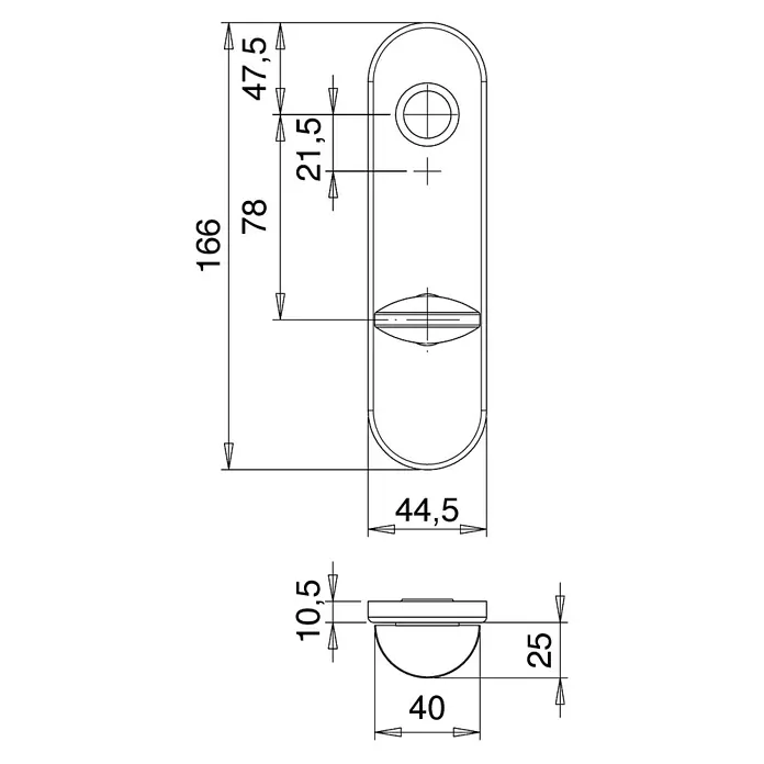 Portaferm Langschild WC - Distanznorm: 78 mm, Schlitzkopf/Olive, Schwarz - Technische Zeichnung des Produkts mit Maßangaben zu Länge (166), Breite (44,5) und Höhe (25).