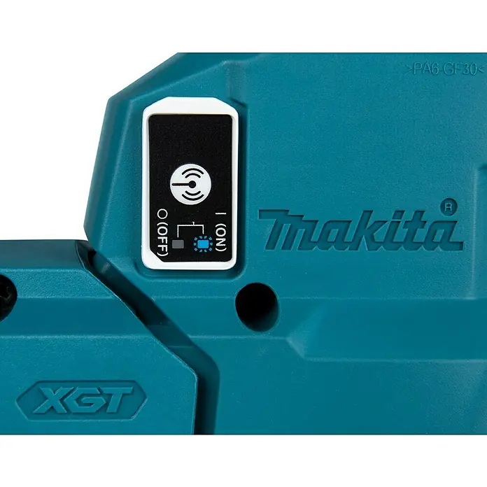 Makita XGT 40V max. Akku-Kombihammer HR010GZ - 40 V, Ohne Akku, 2,1 J - Detailansicht eines Makita-Produkts in Türkis mit Schalter für Ein/Aus. Der Schalter ist in Weiß und Schwarz gehalten und mit Symbolen versehen.