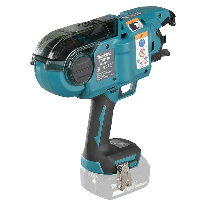 Makita LXT 18V Atadora de ferralla de batería DTR180 - 18 V, Sin batería - Esta imagen muestra una herramienta de atado de barras de refuerzo inalámbrica Makita DTR180 diseñada para atar acero de refuerzo de forma rápida y eficiente.