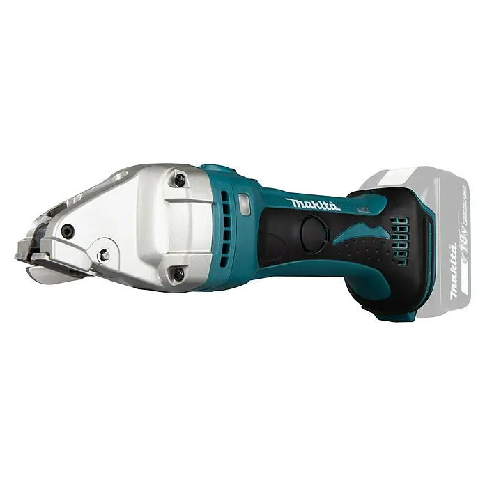 Makita LXT 18V Cizalla de batería DJS161Z - 18 V, Sin batería, Número de carreras marcha en vacío: 4.300 /min - Primer plano de una cizalla para chapa inalámbrica Makita con cabezal de corte plateado y mango azul y negro sobre fondo negro.