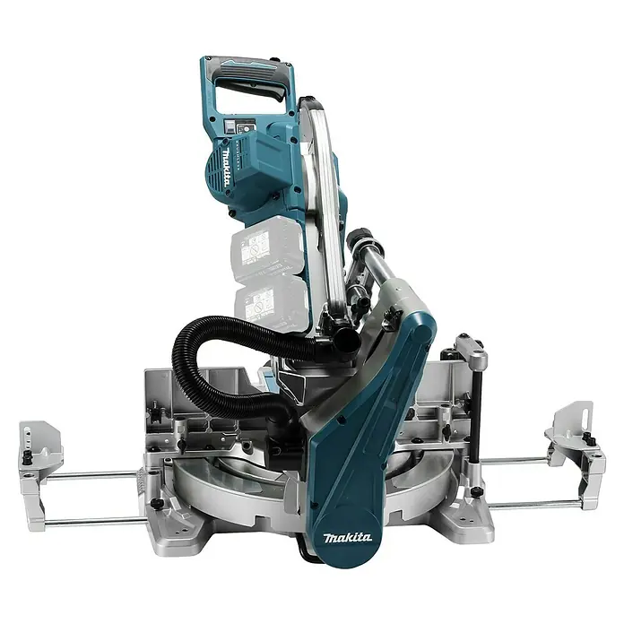 Makita LXT 18V Akku-Kapp- & Gehrungssäge DLS211ZU - 36 V, Ohne Akku - Detailaufnahme einer Makita Kapp- und Gehrungssäge, die für präzise Holzzuschnitte in Werkstätten und Baustellen konzipiert ist.
