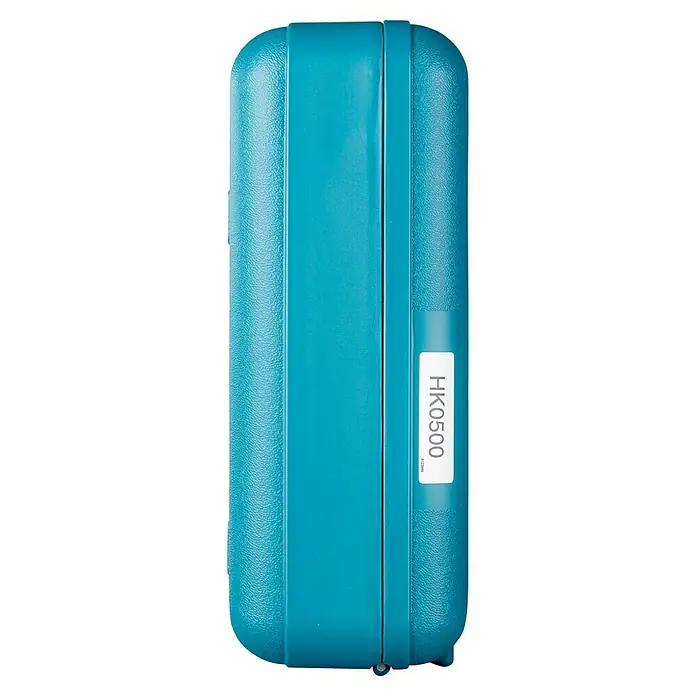 Makita Martillo combinado HK0500 - 550 W, 1,8 J, Alojamiento SDS-Plus - Primer plano de una caja de herramientas turquesa HK0500 que muestra la textura de la funda y la etiqueta.