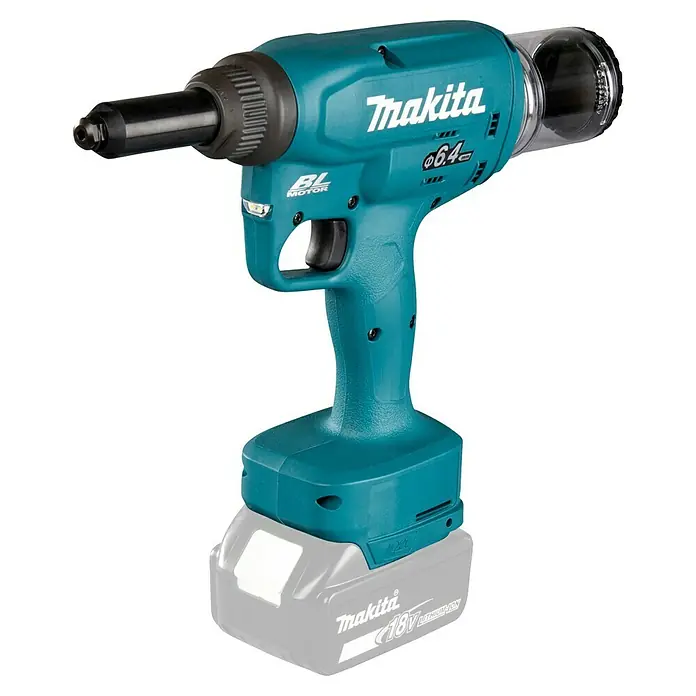 Makita LXT 18V Pistola remachadora de batería DRV250 - 18 V, Sin batería, Altura de elevación: 30 mm - Remachadora inalámbrica Makita, perfecta para un trabajo eficiente e inalámbrico. La herramienta azul está equipada con una batería duradera.