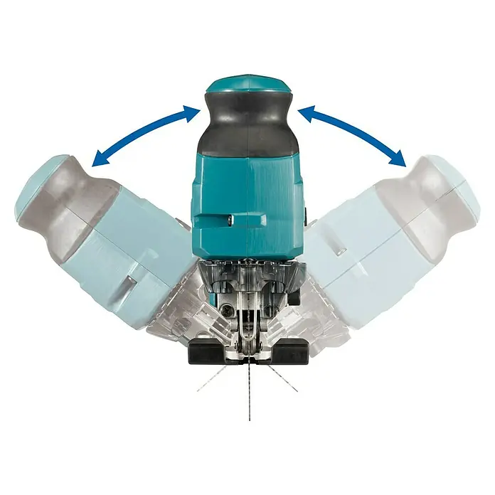 Makita XGT 40V max. Akku-Pendelhubstichsäge JV001GZ - 40 V, Ohne Akku, Leerlaufhubzahl: 800 /min - 3.500 /min - Das Bild zeigt eine Stichsäge von vorne, die sich nach links und rechts neigen kann, dargestellt durch blaue Pfeile.