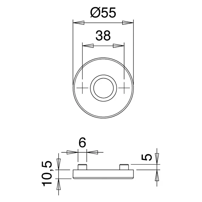 Portaferm Drückerrosette - Durchmesser Rosette: 55 mm, Weiß - Technisches Diagramm eines runden Bauteils mit Angaben zu Durchmessern und Höhen. Die Skizze zeigt detaillierte Produktabmessungen.