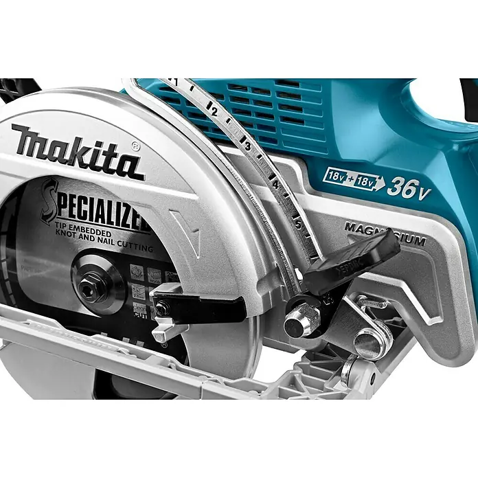 Makita LXT 18V Akku-Handkreissäge DRS780Z - 36 V, Ohne Akku, Durchmesser Sägeblatt: 185 mm, 0 U/min - 5.100 U/min - Nahaufnahme der Makita Akku-Kreissäge, die für präzise Schnitte und Langlebigkeit konzipiert ist. Ideal für Holzbearbeitung und professionelle Anwendungen.