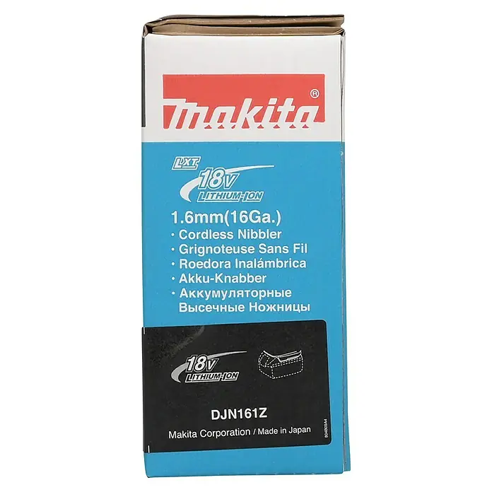 Makita LXT 18V Roedora de chapa DJN161 - 18 V, Sin batería - Embalaje de la roedora inalámbrica Makita DJN161Z, 18V LXT, destacando sus características y origen.