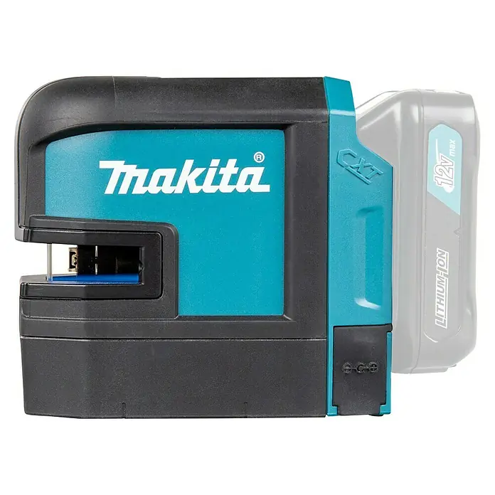 Makita CXT 12V max. Kreuzlinienlaser SK105DZ - 12 V, Ohne Akku, Max. Arbeitsbereich: 25 m - Detailaufnahme eines Makita CXT Laser-Nivelliergeräts mit Akku, ideal für präzise Bau- und Ausrichtungsarbeiten.