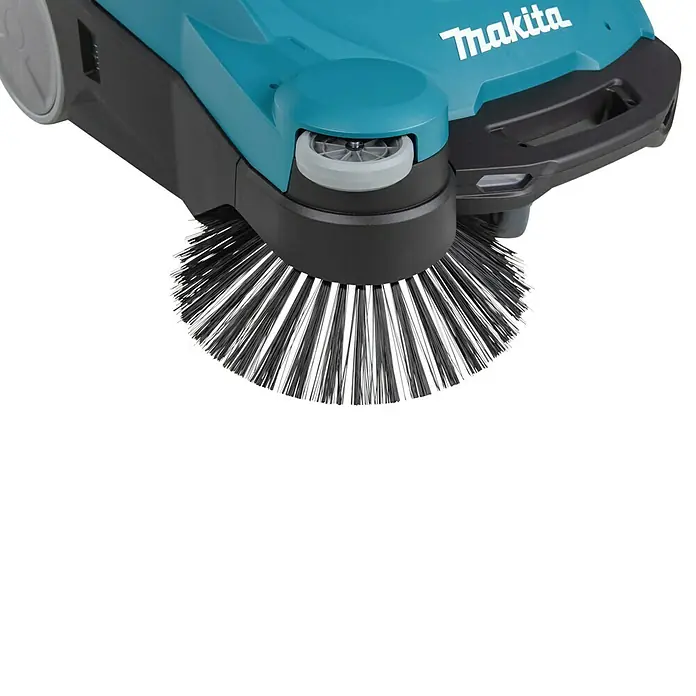 Makita XGT 40V max. Akku-Handkehrmaschine VS001GZ - 40 V, Arbeitsbreite: 650 mm, 24 l - Nahaufnahme einer Makita-Kehrmaschine mit rotierenden Bürsten zur effizienten Reinigung von Böden.