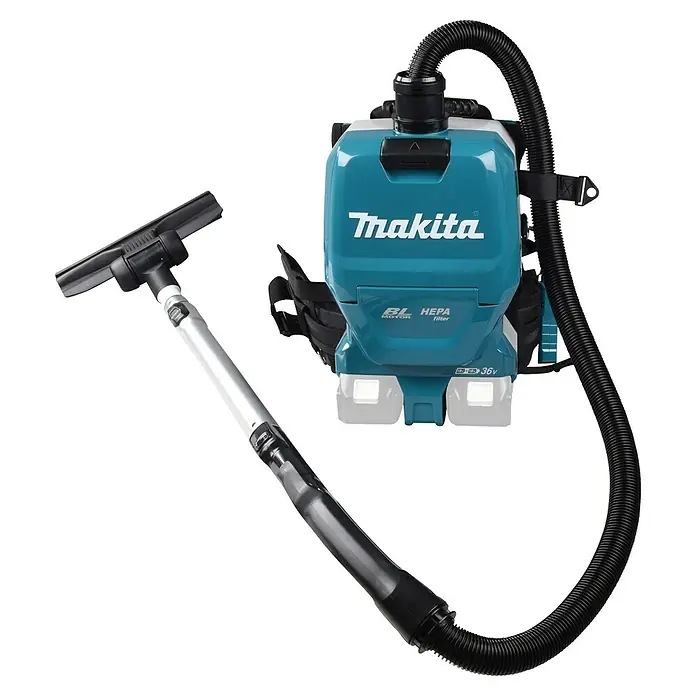 Makita LXT 18V Akku-Rucksackstaubsauger DVC261ZX15 - 36 V, Ohne Akku, Behältervolumen: 2 l - Bild eines Makita-Akku-Rucksacksaugemäher mit Zubehör, der für den professionellen Einsatz konzipiert ist und über einen HEPA-Filter verfügt.