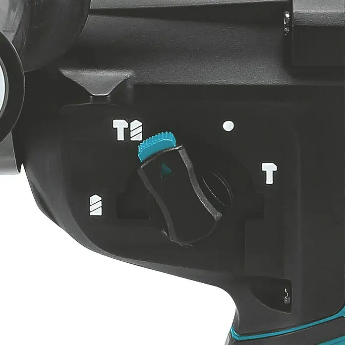 Makita LXT 18V Akku-Kombihammer für SDS-PLUS DHR280ZJ - 36 V, Ohne Akku, Max. Einzelschlagenergie: 2,8 J - Detailansicht einer Bohrmaschine mit Fokus auf den Funktionswahlschalter, der verschiedene Bohrmodi ermöglicht.