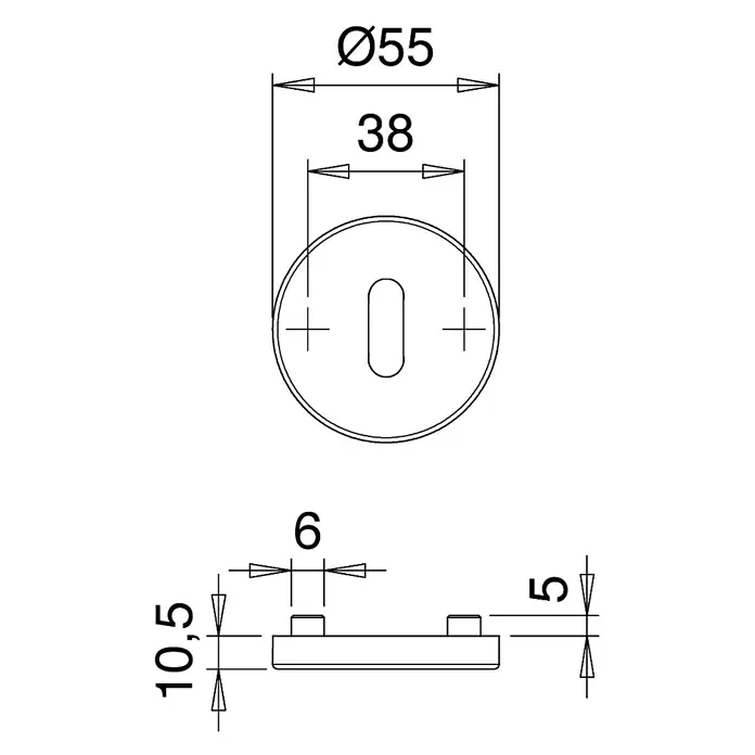 Portaferm Schlüsselschild - Durchmesser Rosette: 55 mm, Buntbart, Weiß - Technische Zeichnung eines Türbeschlags mit den Maßen Ø55, 38, 6, 5 und 10,5 für detaillierte Spezifikationen und Konstruktionszwecke.