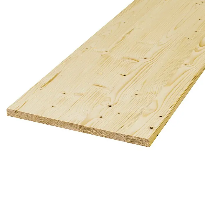 Exclusivholz Leimholzplatte - Fichte, Qualitätsstufe Leimholzplatte: A/B, 1.000 x 250 x 18 mm - Nahaufnahme eines hellen Holzbretts mit sichtbarer Maserung und einigen Astlöchern, ideal für Bau- oder Bastelprojekte.