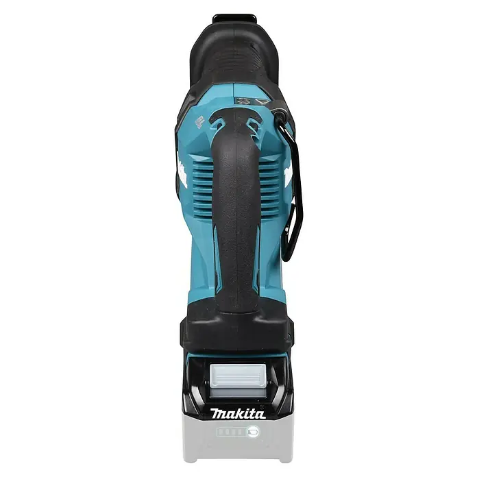 Makita XGT 40V max. Akku-Säbelsäge JR002GZ - 40 V, Ohne Akku, Leerlaufhubzahl: 3.000 /min - Nahaufnahme einer Makita Akku-Säbelsäge in Türkis und Schwarz, die ein robustes und professionelles Design zeigt.