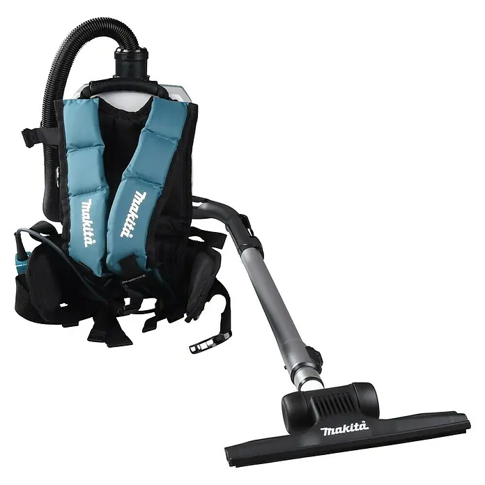Makita LXT 18V Aspiradora con mochila de batería DVC261ZX15 - 36 V, Sin batería, Volumen de recipiente: 2 l - Imagen de una aspiradora de mochila inalámbrica Makita. La aspiradora cuenta con una cómoda mochila y una manguera flexible para facilitar la limpieza.