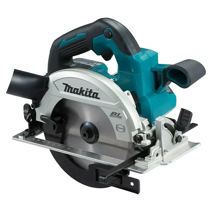 Makita LXT 18V Akku-Handkreissäge DHS661ZU - 18 V, Ohne Akku, Durchmesser Sägeblatt: 165 mm, 0 U/min - 5.000 U/min - Nahaufnahme einer Makita Akku-Handkreissäge mit scharfer Klinge und robustem Design für präzise Schnitte.