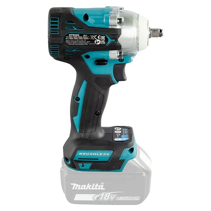 Makita LXT 18V Llave de impacto de batería DTW302 - 18 V, Sin batería, 300 Nm - Primer plano de una llave de impacto inalámbrica Makita DTW302 con batería de iones de litio de 18 V y motor sin escobillas.