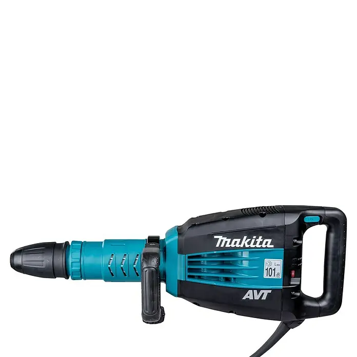 Makita Abbruchhammer HM1214C - 1.510 W, 19,9 J, SDS-Max-Aufnahme - Nahaufnahme eines Makita-Abbruchhammers mit blaugrünen Akzenten, der sich ideal für schwere Bauarbeiten eignet.