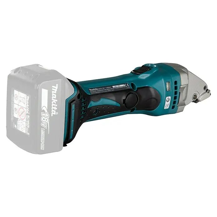 Makita LXT 18V Cizalla de batería DJS101 - 18 V, Sin batería, Número de carreras marcha en vacío: 4.300 /min - Imagen de una cizalla de metal inalámbrica Makita, diseñada para un corte eficiente de chapa. Ideal para profesionales y aficionados al bricolaje.