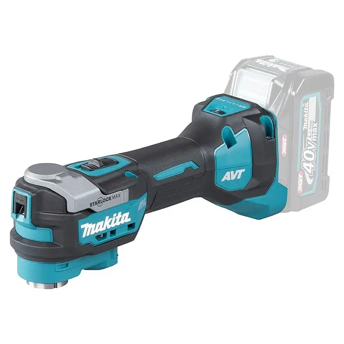 Makita XGT 40V max. Multiherramienta de batería TM001G - 40 V, Sin batería - Imagen de una multiherramienta inalámbrica Makita con interfaz StarLock Max y una batería máxima de 40 V.