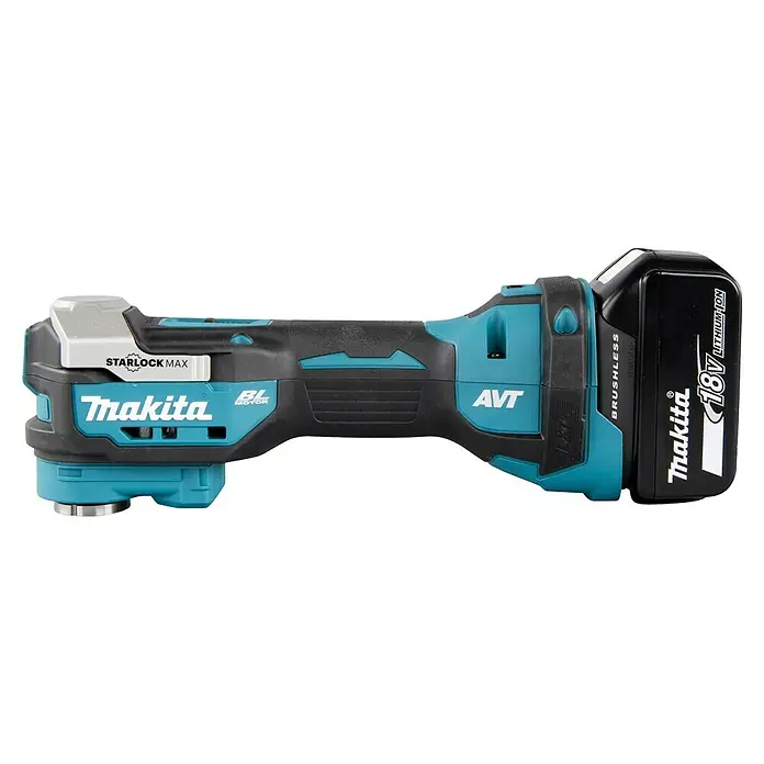 Makita LXT 18V Multiherramienta de batería DTM52RTJX2 - 18 V, 1 batería - Primer plano de una multiherramienta Makita con batería de litio-ion de 18V, ideal para trabajos de precisión.