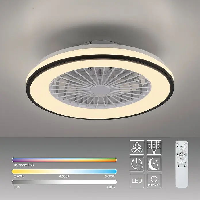 Just Light Ventilador de techo Leno - Negro, 49 cm, 48 W, RGB - Lámpara de techo LED moderna con ventilador. La lámpara tiene control de temperatura de color y un mando a distancia para facilitar su uso.
