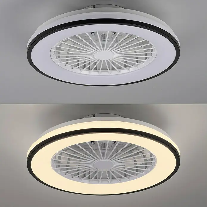 Just Light Ventilador de techo Leno - Negro, 49 cm, 48 W, RGB - Ventilador de techo con iluminación LED. El diseño moderno integra luz y ventilador en una carcasa redonda y elegante.