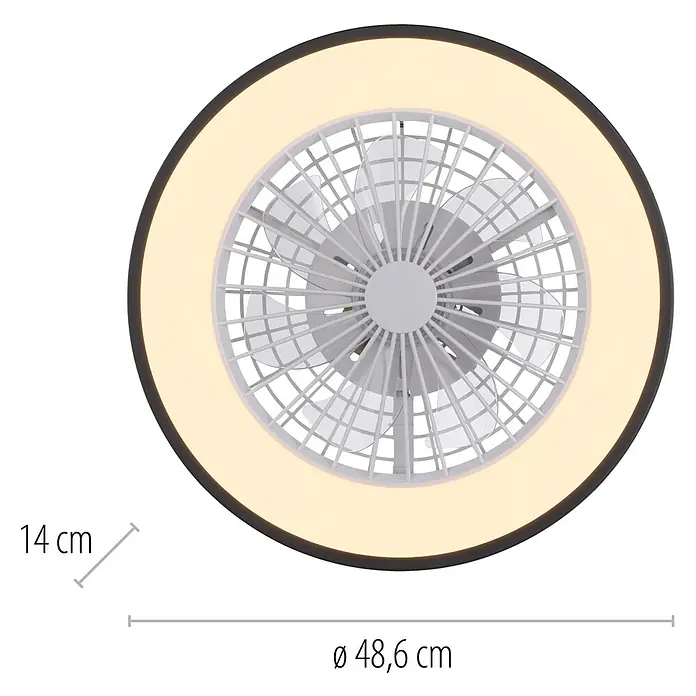 Just Light Ventilador de techo Leno - Negro, 49 cm, 48 W, RGB - Ventilador de techo con iluminación LED, diámetro 48,6 cm, altura 14 cm, ideal para salones y dormitorios.