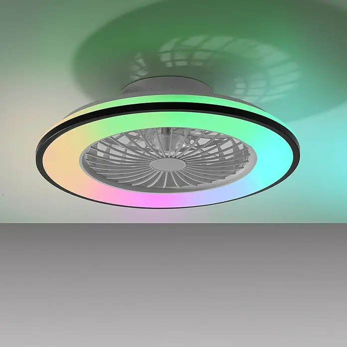 Just Light Ventilador de techo Leno - Negro, 49 cm, 48 W, RGB - Moderno ventilador de techo LED con función de cambio de color, ideal para iluminación y refrigeración elegantes de la habitación.