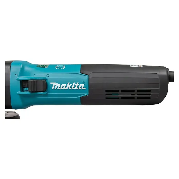 Makita Elektro-Winkelschleifer GA5091X01 - 1.900 W, Durchmesser Scheibe: 125 mm, Leerlaufdrehzahl: 0 U/min - 11.500 U/min - Nahaufnahme einer Makita-Schleifmaschine mit blaugrünem und schwarzem Gehäuse, ideal für professionelle Anwendungen in Handwerk und Industrie.