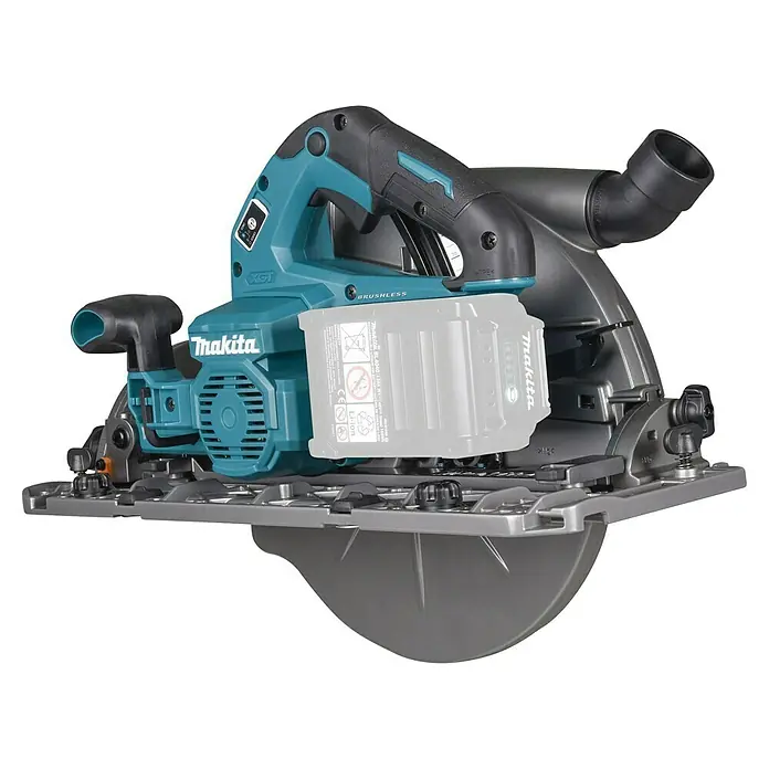 Makita XGT 40V max. Akku-Handkreissäge HS011GZ - 40 V, Ohne Akku, Durchmesser Sägeblatt: 260 mm - 270 mm, 3.500 U/min - Akkubetriebene Makita-Kreissäge mit blauer Farbe und einer nicht montierten Batterie.