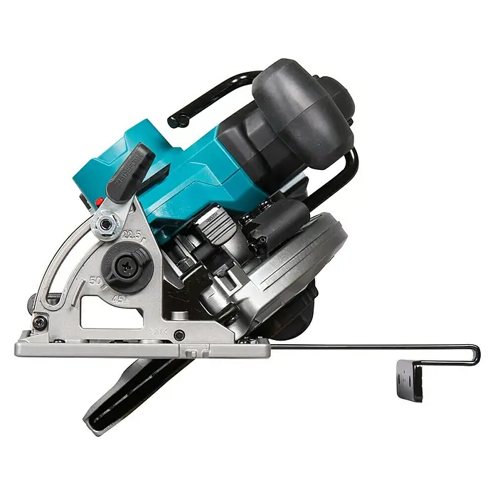 Makita XGT 40V max. Sierra circular de batería HS012GZ - 40 V, Sin batería, Diámetro hoja de sierra: 165 mm, 5.200 r.p.m. - Imagen de una sierra circular azul con mango negro y base plateada. La herramienta eléctrica está diseñada para cortar materiales.