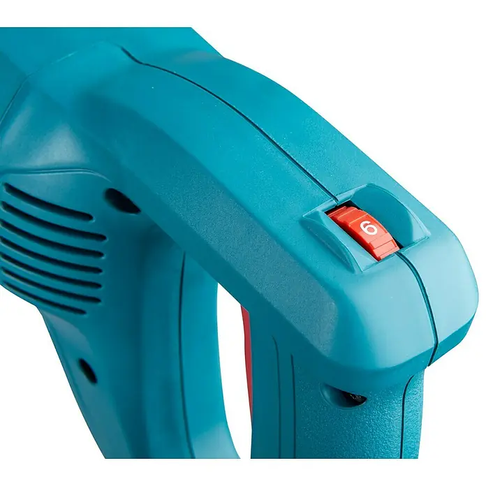 Makita Meißelhammer HK0500 - 550 W, Max. Schlagzahl: 3.500 U/min, 1,8 J - Nahaufnahme eines türkisfarbenen Werkzeugs mit einem roten Schalter, der auf die Stufe 6 eingestellt ist, was auf variable Geschwindigkeit hindeutet.