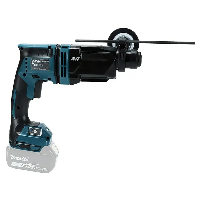 Makita LXT 18V Martillo combinado de batería DHR182Z - 18 V, Sin batería, 1,7 J - Imagen de un taladro percutor inalámbrico Makita DHR182, que muestra su diseño negro y verde azulado, incluida su batería para un funcionamiento inalámbrico.