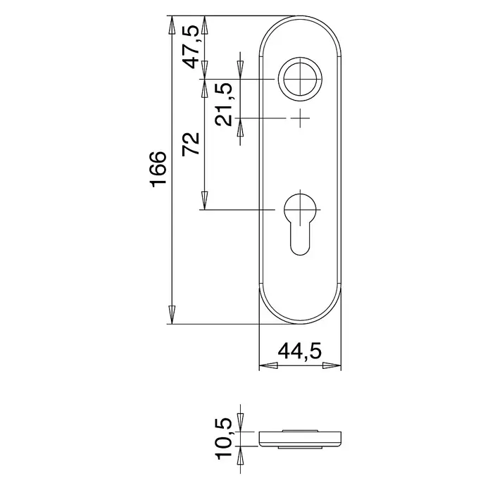 Portaferm Langschild - Distanznorm: 72 mm, Profilzylinder, Schwarz - Technische Zeichnung einer Türschildgarnitur mit Maßangaben für Montage und Design.