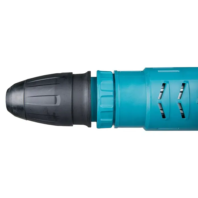 Makita Abbruchhammer HM1214C - 1.510 W, 19,9 J, SDS-Max-Aufnahme - Nahaufnahme eines hellblauen Bohrhammers mit schwarzem Bohrfutter. Ideal für Bau- und Renovierungsarbeiten.