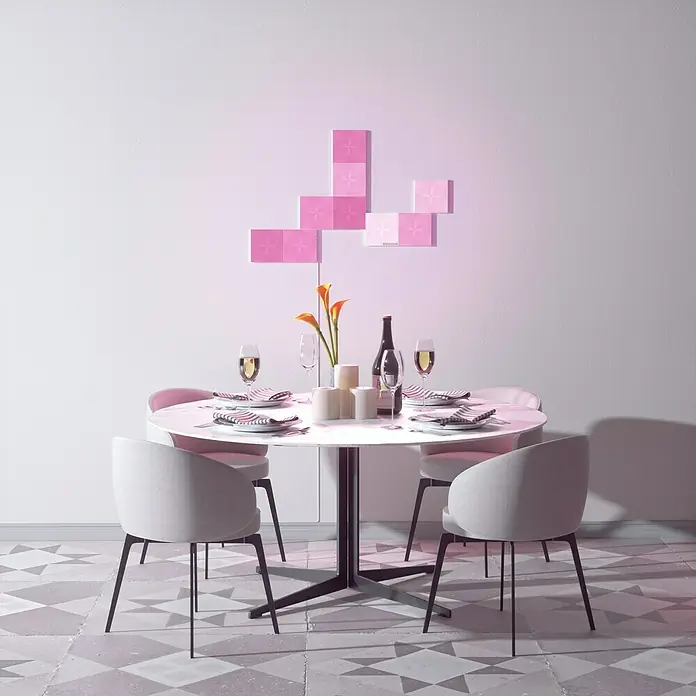 Nanoleaf Erweiterungskit Canvas 4 Panels - 4 Stk., 4 W, Weiß, RGBW, Canvas, Smart Home-fähig: Ja - Ein elegant gedeckter Esstisch mit minimalistischen Stühlen und einer abstrakten Wanddekoration in einem stilvollen Ambiente.