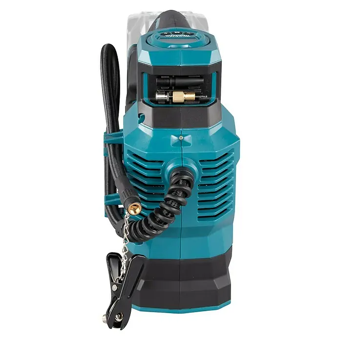 Makita XGT 40V max. Akku-Kompressor MP001GZ - 40 V, Ohne Akku, 11,1 bar - Abbildung einer tragbaren Makita Luftpumpe in Türkis und Schwarz, die sich ideal zum Aufpumpen von Reifen und anderer Ausrüstung eignet.