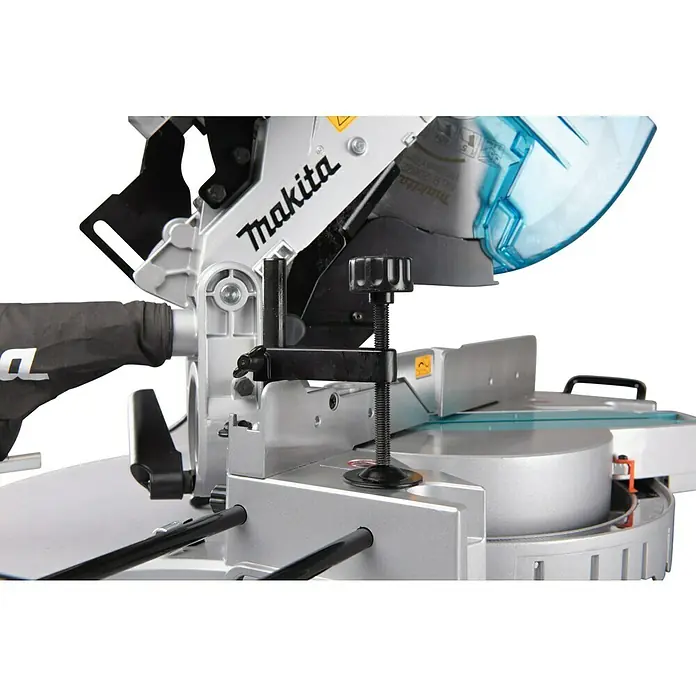 Makita Kapp- & Gehrungssäge LH1201FL - 1.650 W, Durchmesser Sägeblatt: 305 mm, Leerlaufdrehzahl: 0 U/min - 3.800 U/min - Nahaufnahme einer Makita Kapp- und Gehrungssäge, die Details der Konstruktion und des Sägeblattschutzes zeigt.