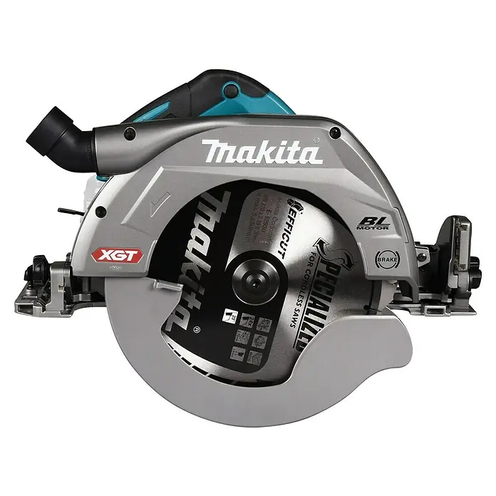 Makita XGT 40V max. Akku-Handkreissäge HS011GZ - 40 V, Ohne Akku, Durchmesser Sägeblatt: 260 mm - 270 mm, 3.500 U/min - Nahaufnahme einer Makita Akku-Kreissäge mit gut sichtbarem Sägeblatt, das für kabellose Sägen spezialisiert ist.