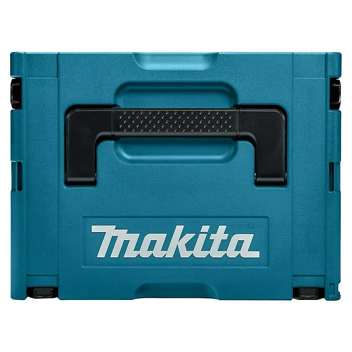 Makita Martillo combinado HR3012FCJ - 1.050 W, 3,9 J, Alojamiento SDS-Plus - Primer plano de una caja de herramientas Makita turquesa con asa negra, mostrando su robustez y funcionalidad para uso profesional.