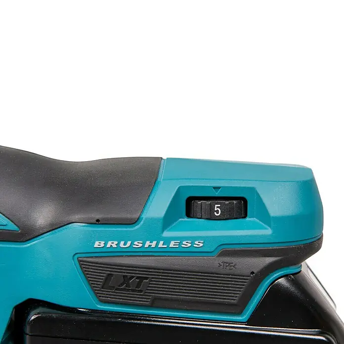 Makita LXT 18V Akku-Pendelhubstichsäge DJV185RF1J - 18 V, Li-Ionen, Anzahl Akkus: 1 Akku, Leerlaufhubzahl: 800 /min - 3.000 /min - Nahaufnahme eines Makita LXT Brushless-Werkzeugs mit Geschwindigkeitsregler auf Stufe 5.