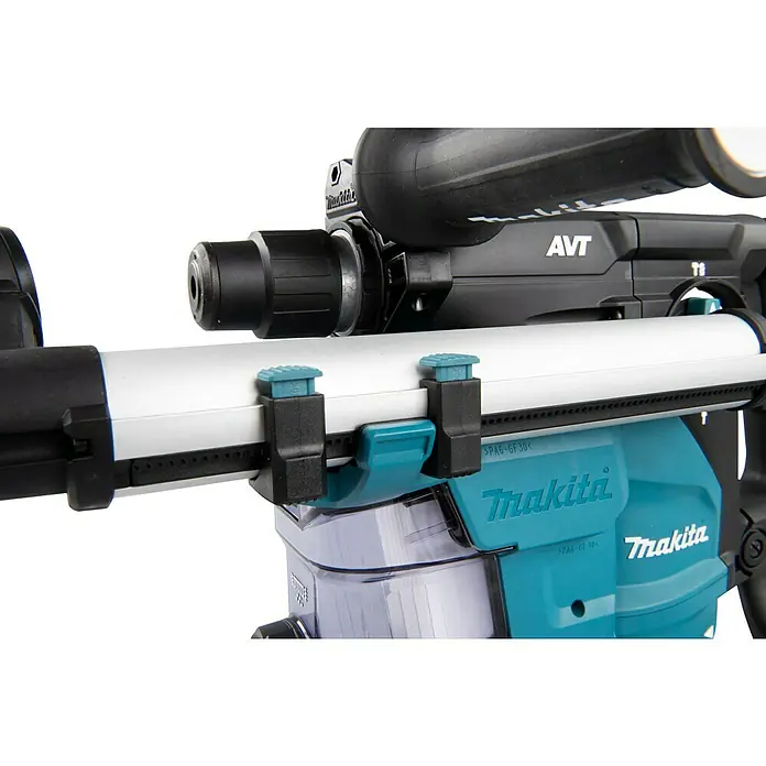 Makita Kombihammer HR3011FCJ - 1.050 W, 3,9 J, SDS-Plus-Aufnahme - Nahaufnahme eines Makita Abbruchhammers mit Staubabsaugung, der für saubere Arbeitsbereiche sorgt.