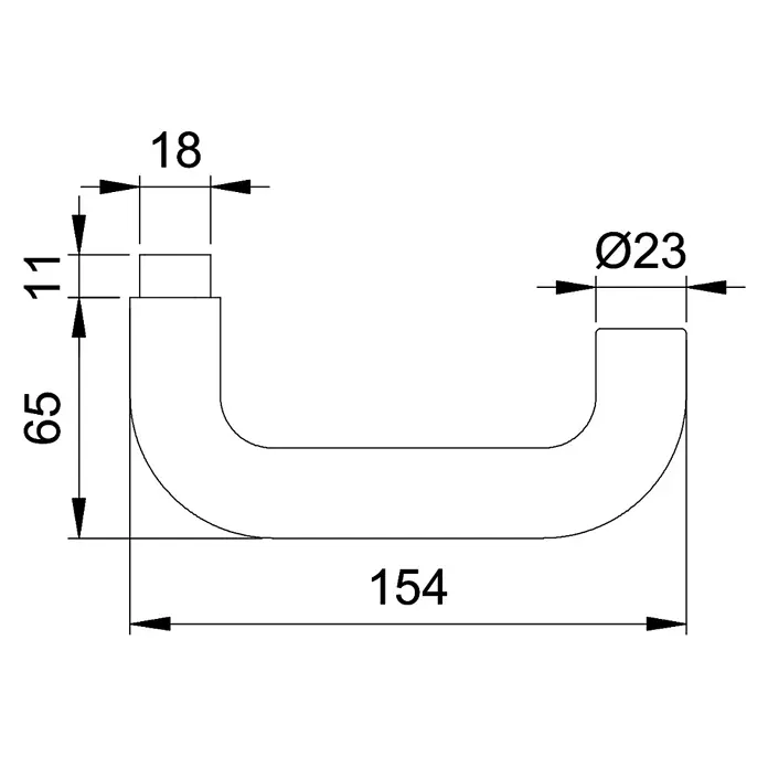 Portaferm Drückerlochteil - Vierkantstift: 8 mm, Schwarz, U-Form, Durchmesser Rohr: 23 mm - Technische Zeichnung eines U-förmigen Hakens mit den Maßen 154 mm Länge, 65 mm Höhe, 18 mm Breite oben und einem Durchmesser von 23 mm rechts.