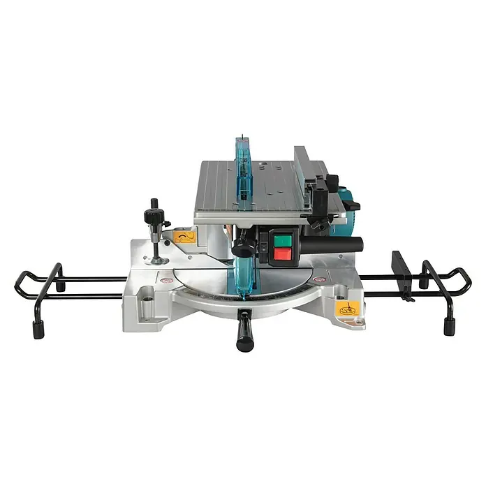 Makita Sierra ingletadora LH1040F - 1.650 W, Diámetro hoja de sierra: 260 mm, Número de revoluciones de marcha en vacío: 0 r.p.m. - 4.800 r.p.m. - Una sierra de mesa plateada y turquesa con una cuchilla afilada para cortes precisos en madera u otros materiales.