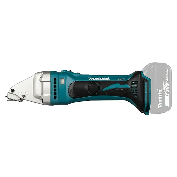 Makita LXT 18V Cizalla de batería DJS101 - 18 V, Sin batería, Número de carreras marcha en vacío: 4.300 /min - Cizalla de metal inalámbrica Makita DJS161Z que muestra su sistema de batería LXT de 18V, diseñado para cortar láminas metálicas.